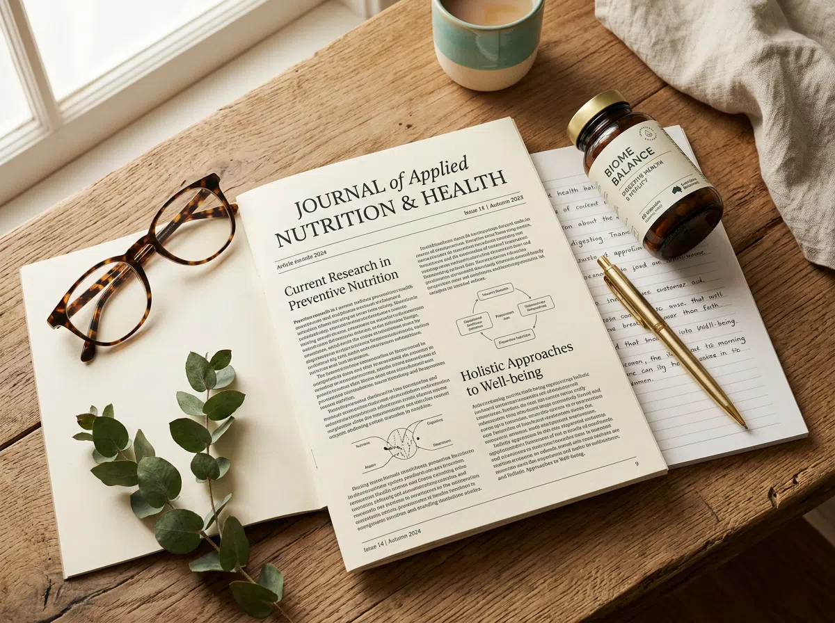 Oakmont Review editorial workspace - health journal, supplement bottle, reading glasses