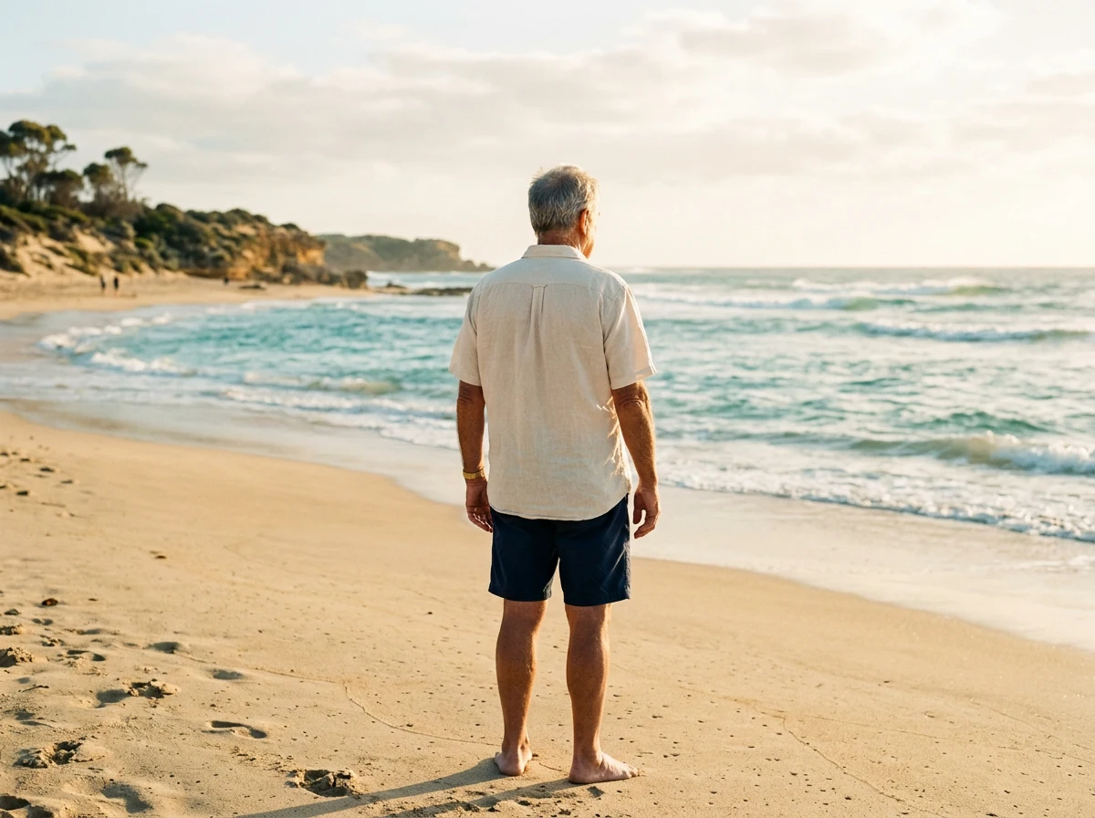Senior man walking on an Australian beach, active lifestyle, men's wellness